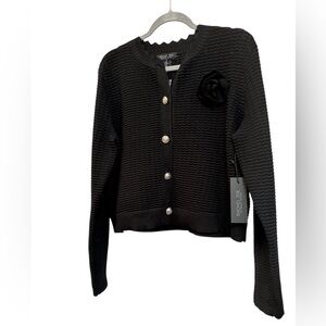 Rachel Zoe Black Knit Scallop Neck Cardigan Black Knit Flower Accent Size XL NWT